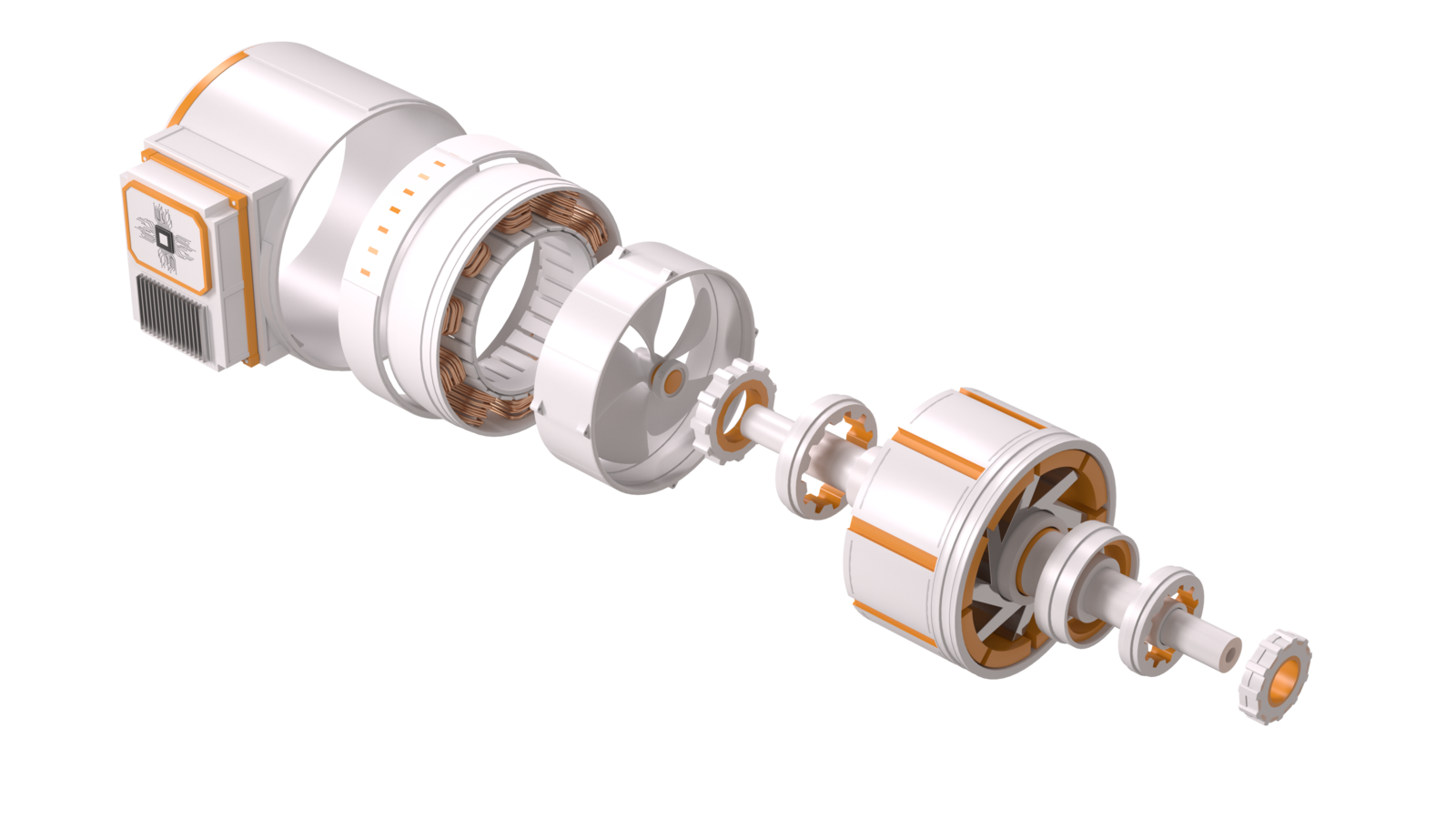 The Flow operating engine shown as one exploded motor: stator, rotor, gears and drive shaft assembled into a single integrated system, product in to sales out.